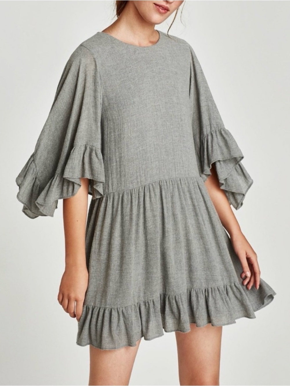 ZARA Wool Blend Frilled Ruffle Mini Dress Light Grey M Jeweled Back